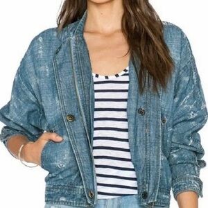 Free People Distressed Denim Bomber Jacket